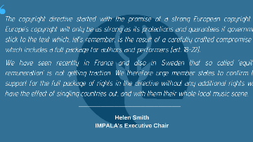 IMPALA POINTS TO STREAMING REFORM AND FRENCH INDUSTRY AGREEMENT AS IT SPEAKS OUT AGAINST EQUITABLE REMUNERATION AND CALLS FOR “SWIFT AND FAITHFUL IMPLEMENTATION” OF THE PERFORMER PROVISIONS IN THE EU COPYRIGHT DIRECTIVE     